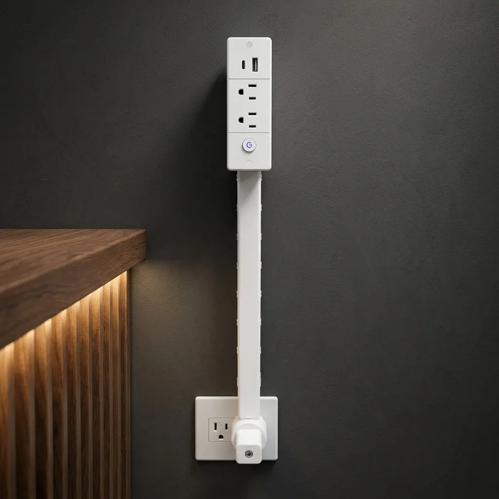 Extensor de Enchufe Giratorio 180° Con Brazo Retráctil CA y Puertos USB-A/USB-C