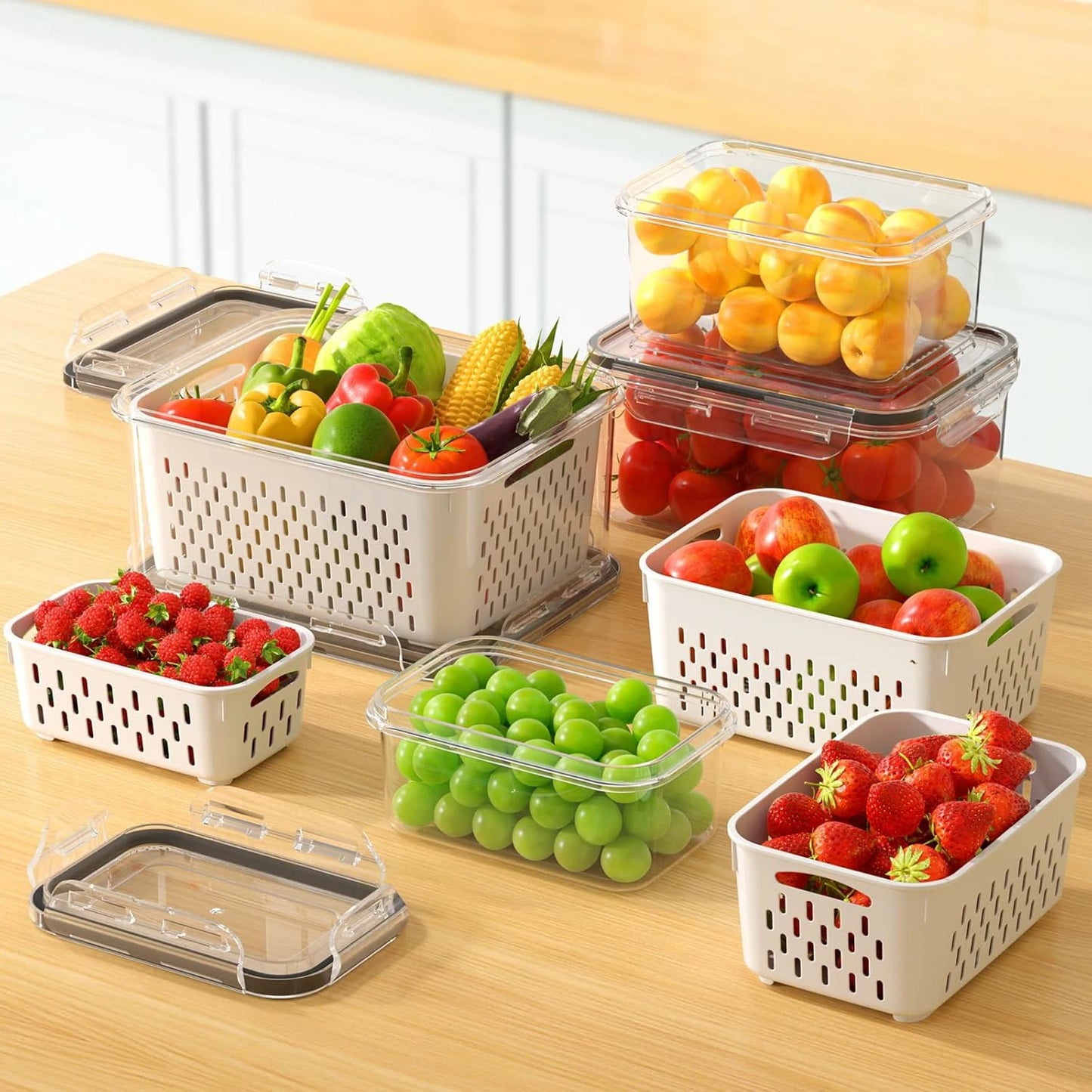 Set 4 Contenedores Con Colador Interior Removible Para Refrigerador