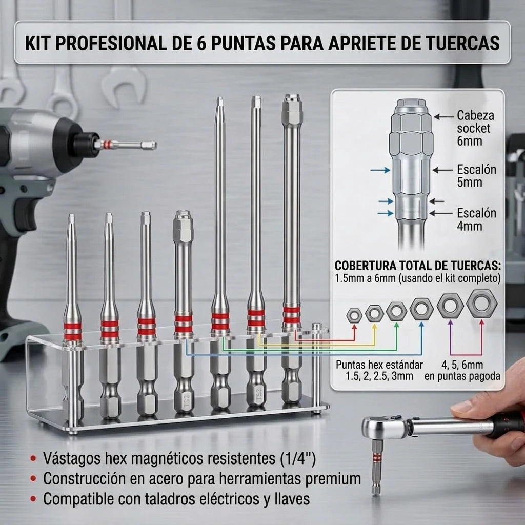 Set x6 Puntas Hexagonales Pagoda Magnéticas Universal