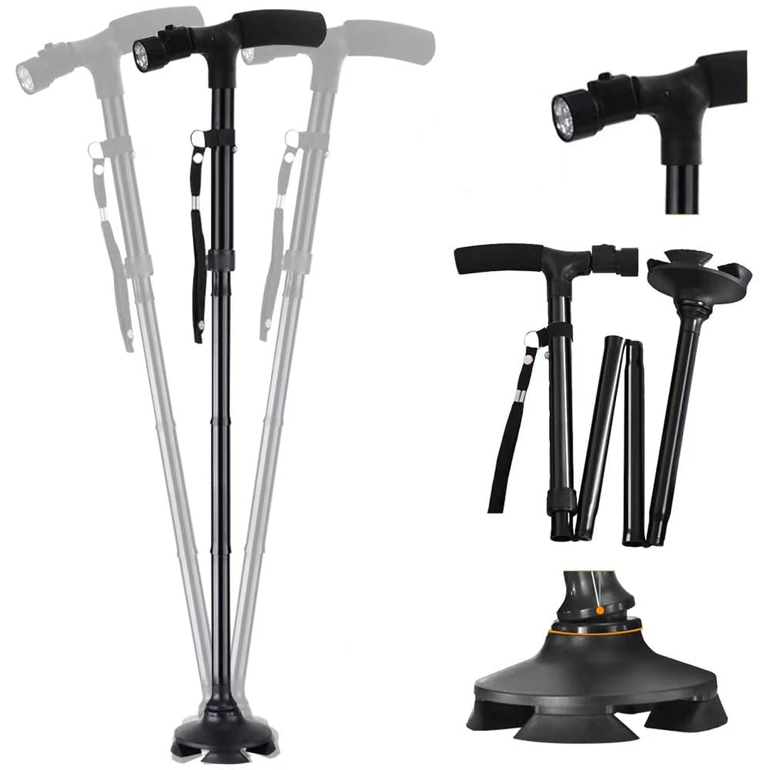 Bastón Plegable Ajustable Con Luz LED Base Giratoria 360°