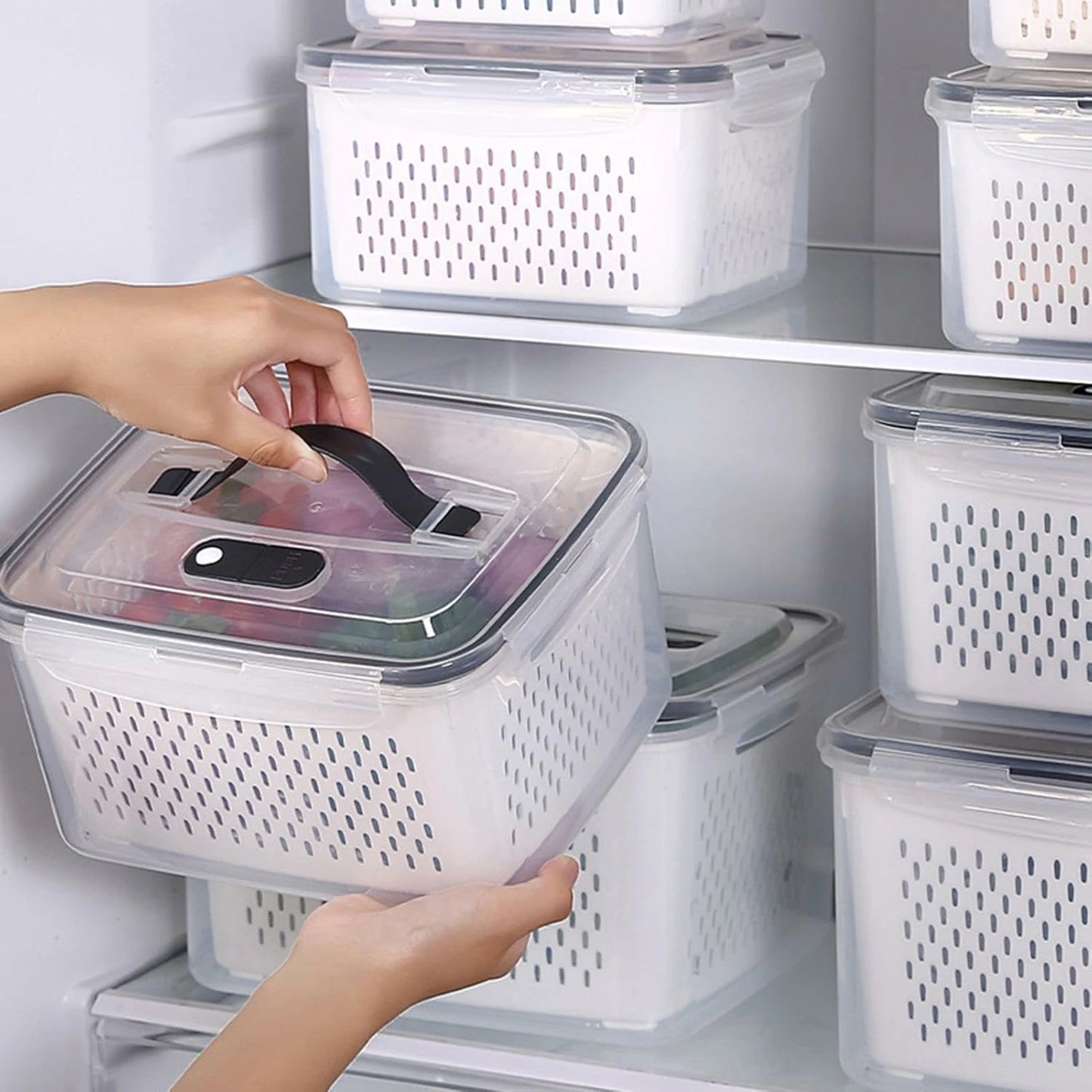 Set 4 Contenedores Con Colador Interior Removible Para Refrigerador