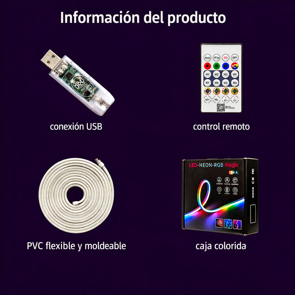 Cinta Neón Flex RGB Audio Rítmica Control Bluetooth 5 Mts