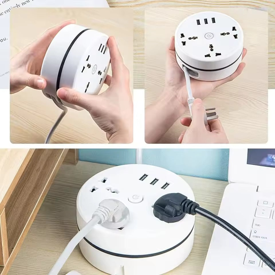 Caja Redonda de Enchufes Universal con Cable Retráctil