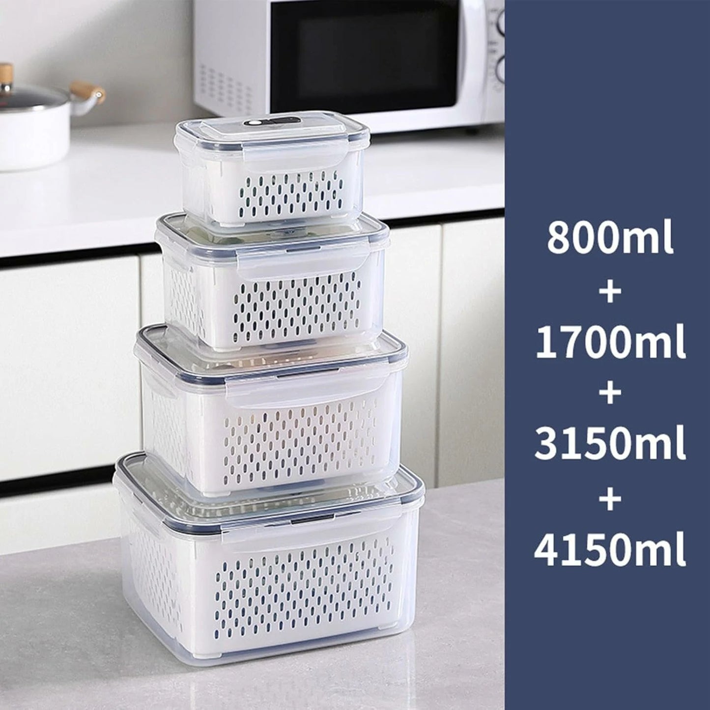 Set 4 Contenedores Con Colador Interior Removible Para Refrigerador