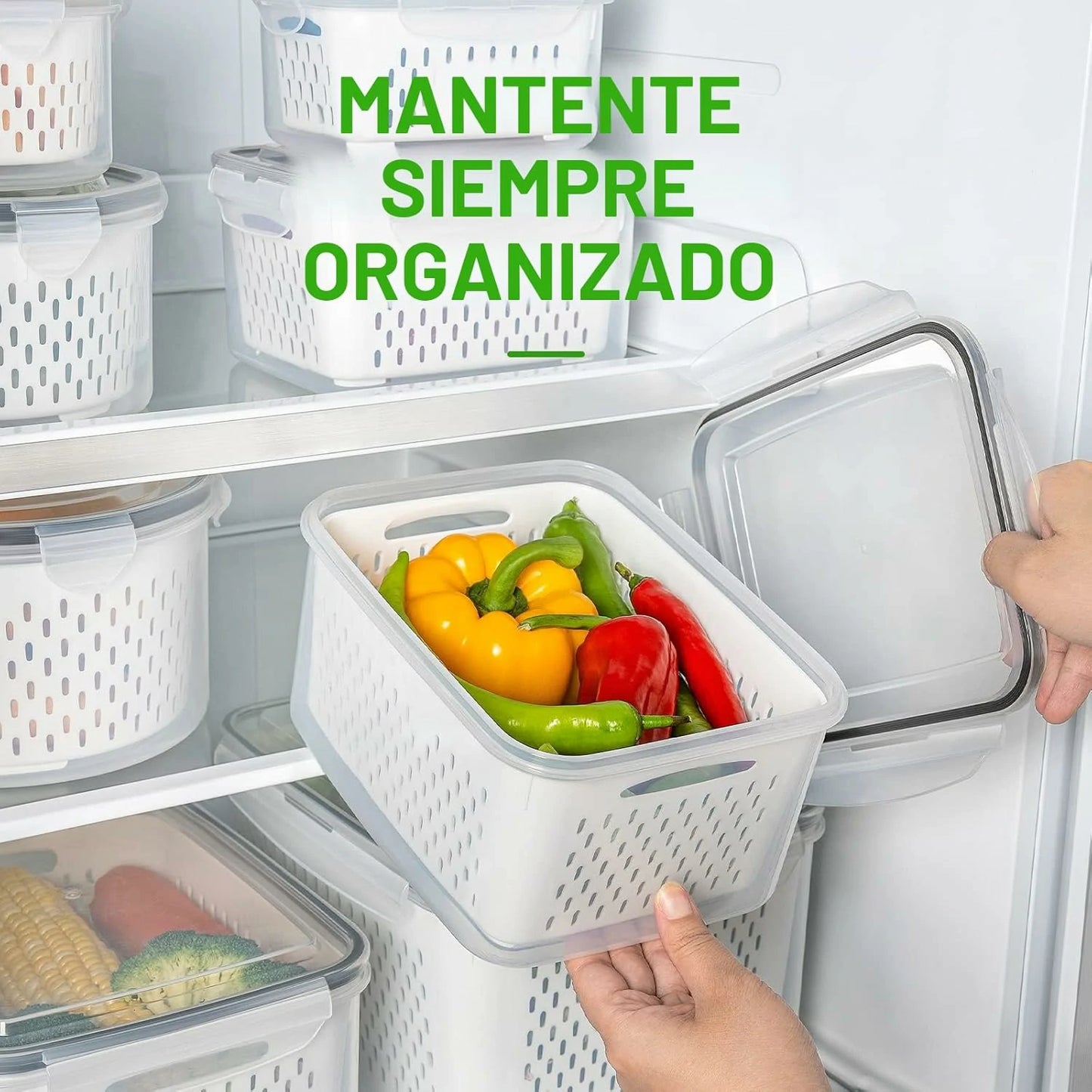 Set 4 Contenedores Con Colador Interior Removible Para Refrigerador