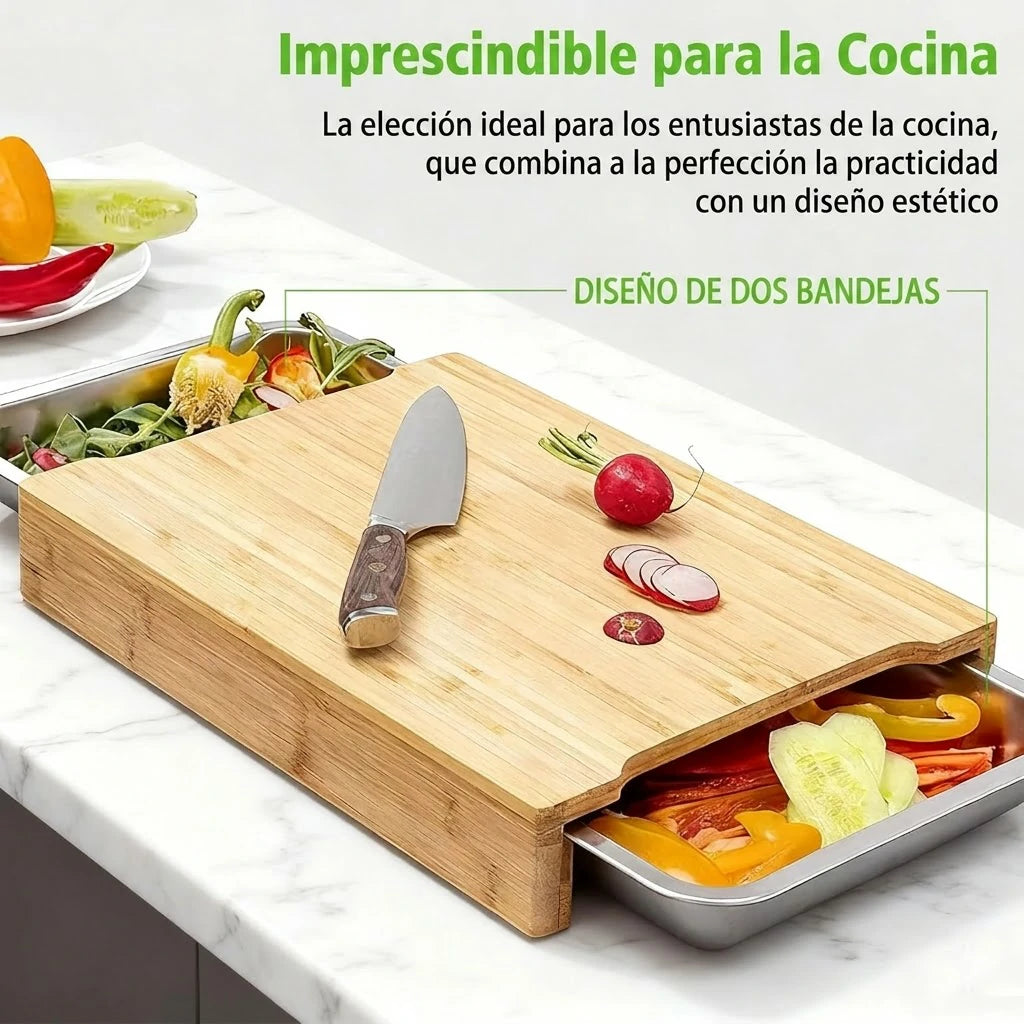 Tabla De Cortar de Bambú Con Cajones Deslizaibles Acero Inoxidable