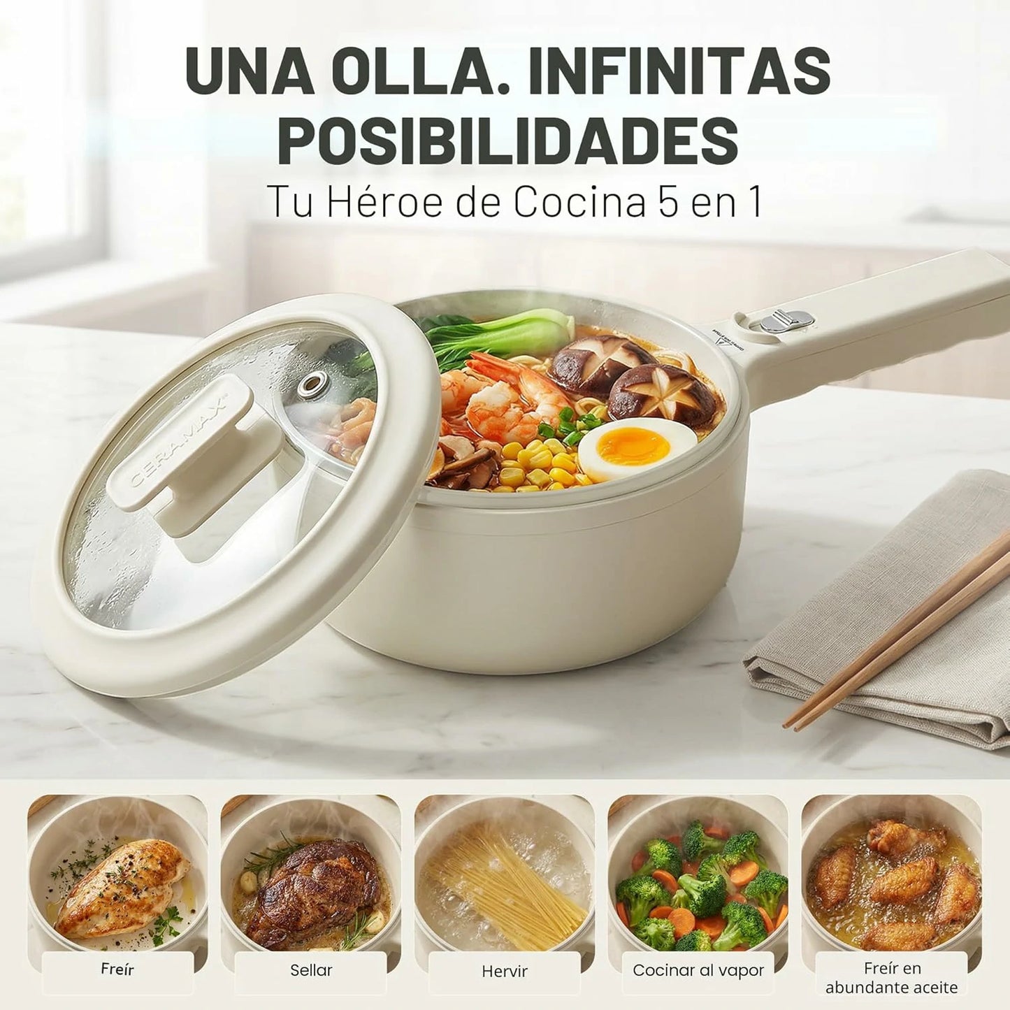 Olla Eléctrica Multifunción Anti Adherente Con Tapa