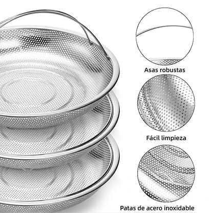 Pack x3 Cestas Acero Inoxidable Para Cocina Al Vapor Con Soporte