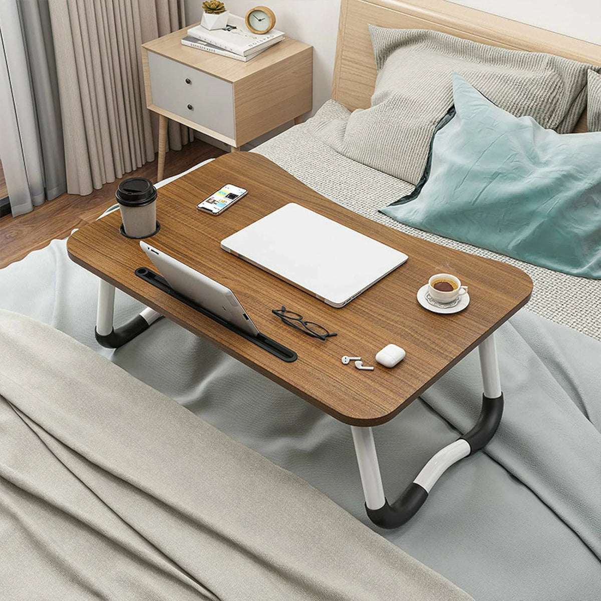 Mesa Plegable Multiusos para Cama y Sofá con Ranura para Tablet y Portavasos