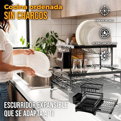 Escurridor Expansible 2 Niveles Con Drenaje 360° y Porta Cubiertos