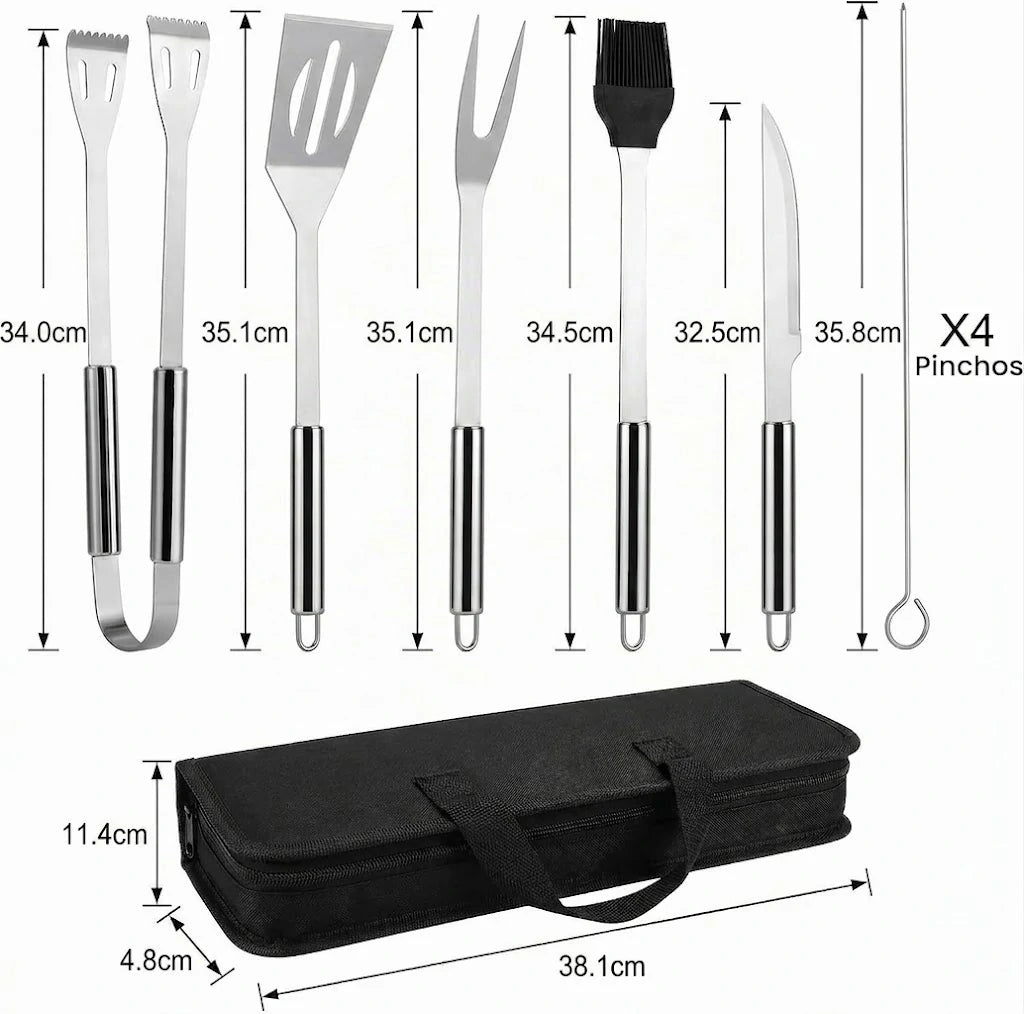 Kit Profesional de Utensilios Para Asado A La Parrilla Acero Inoxidable con Estuche