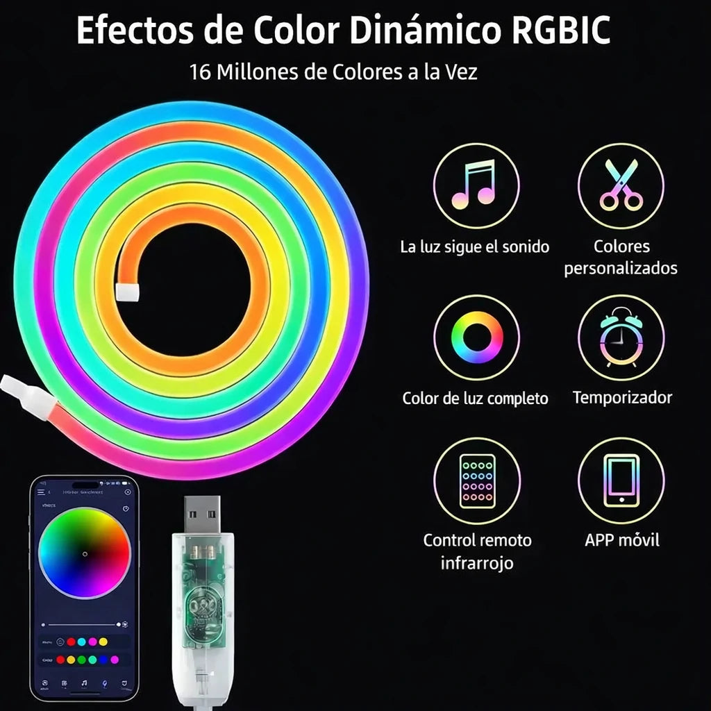 Cinta Neón Flex RGB Audio Rítmica Control Bluetooth 5 Mts