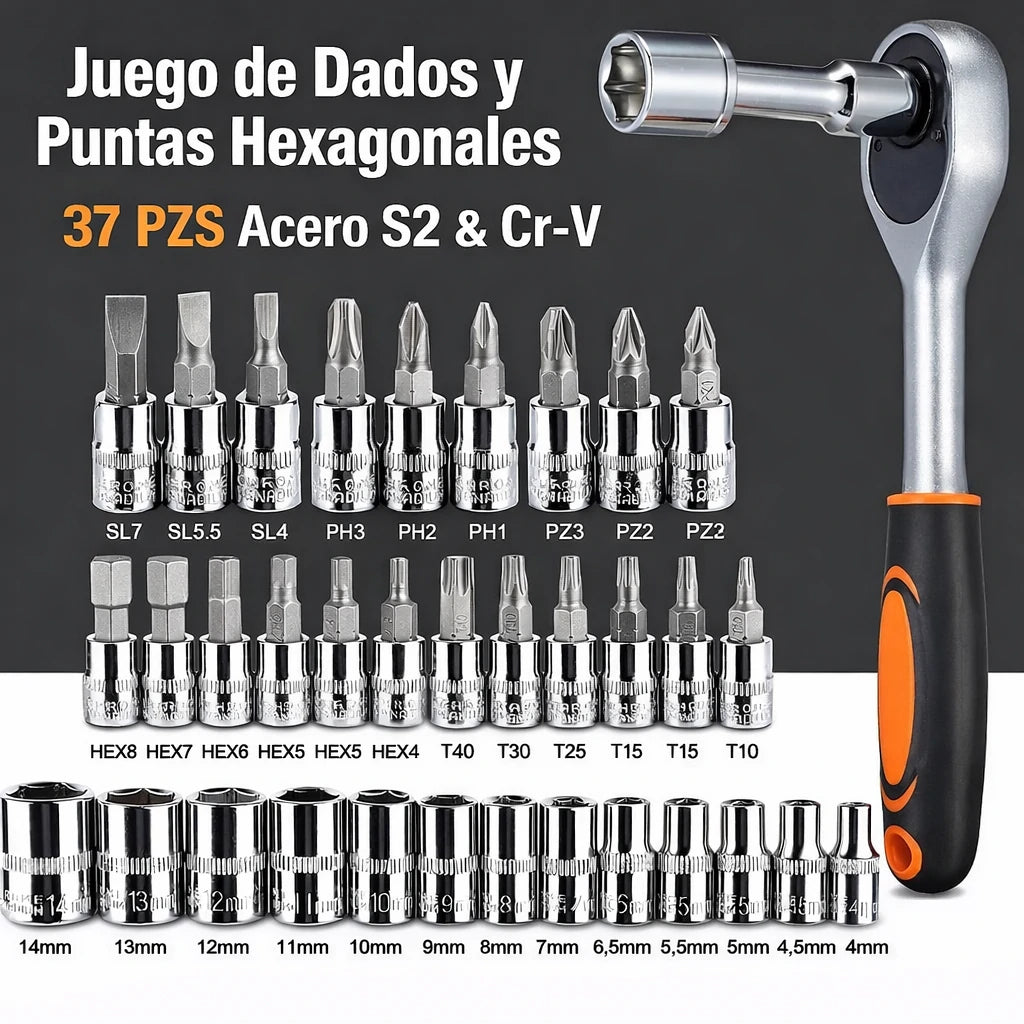 Kit 46 Piezas Llave Trinquete Ratchet  1/4” + Copas y Puntas