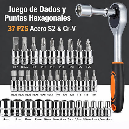 Kit 46 Piezas Llave Trinquete Ratchet  1/4” + Copas y Puntas