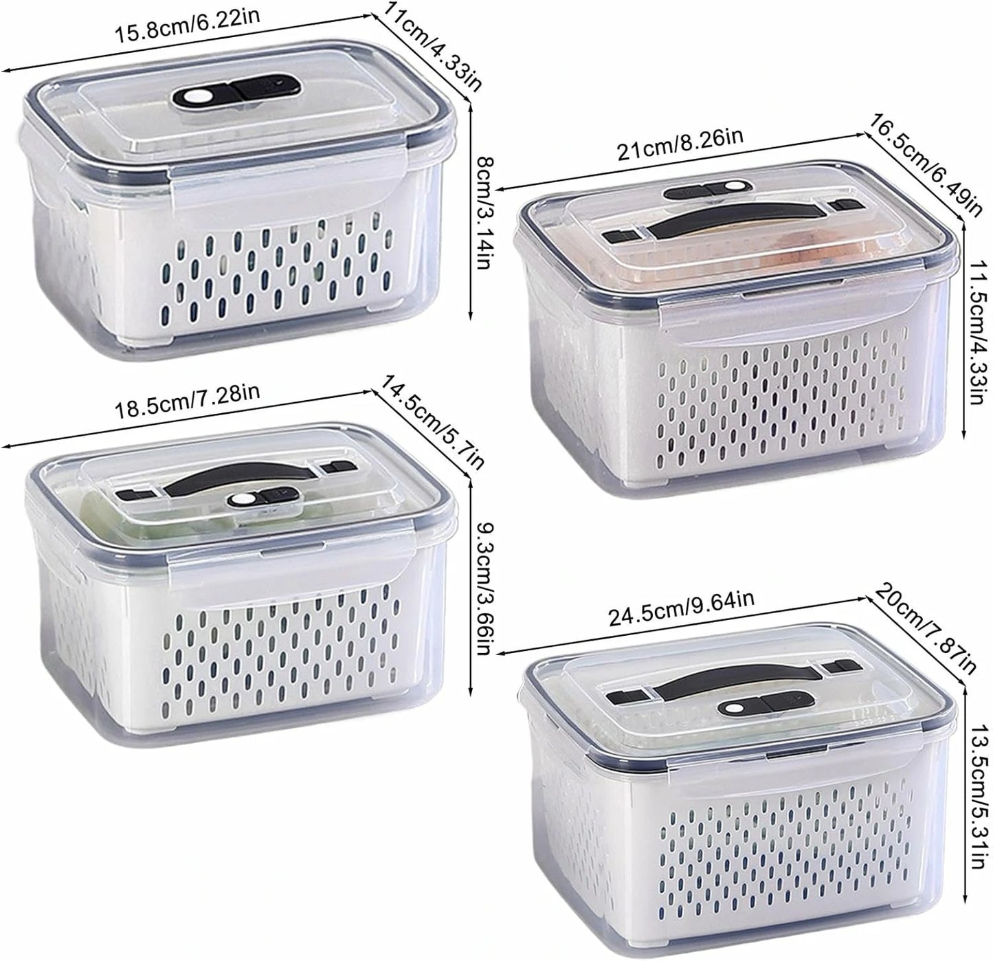 Set 4 Contenedores Con Colador Interior Removible Para Refrigerador