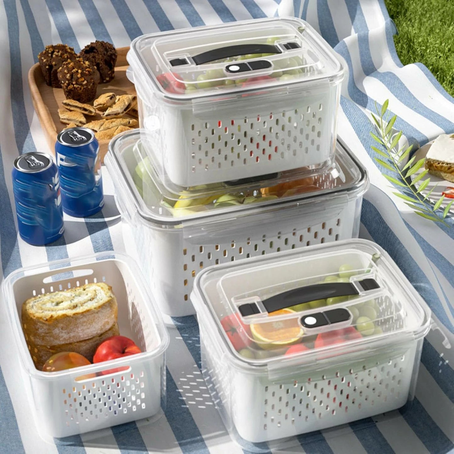 Set 4 Contenedores Con Colador Interior Removible Para Refrigerador