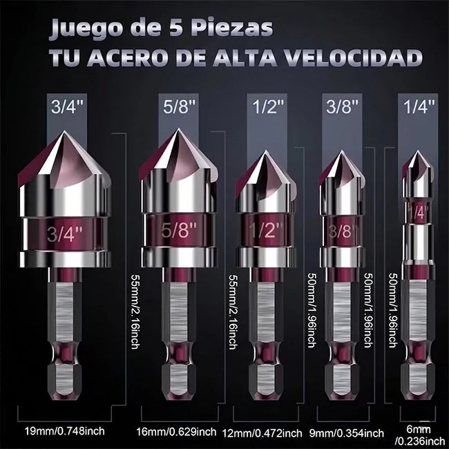 2 Sets x5 Brocas Avellanadoras Madera Plástico Metal Vástago Hexagonal