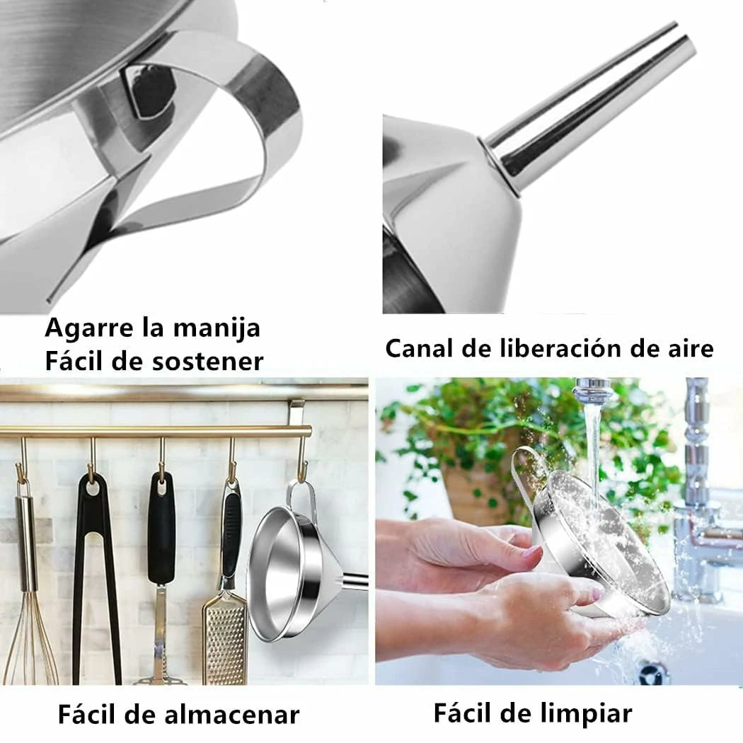 Pack x6 Filtro Embudo Dispensador Con Colador En Acero Inoxidable