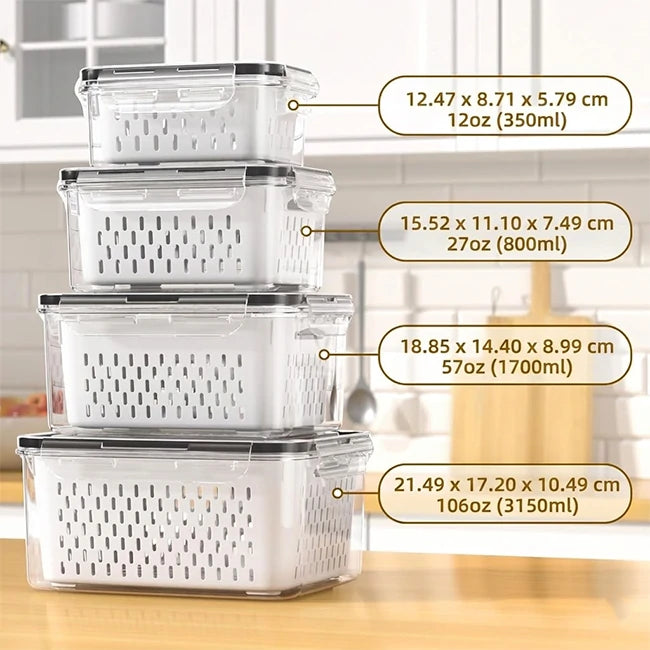 Set 4 Contenedores Con Colador Interior Removible Para Refrigerador