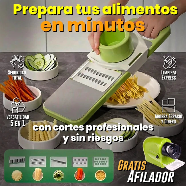 Cortador, Picador Y Rebanador De Alimentos Acero Inoxidable 5 en 1  GRATIS Afilador Eléctrico