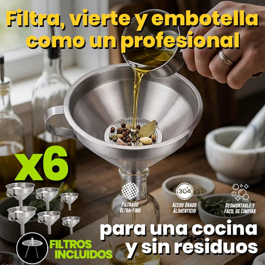 Pack x6 Filtro Embudo Dispensador Con Colador En Acero Inoxidable