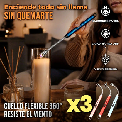 Pack x3 Encendedor Eléctrico Cabezal Flexible Recargable USB