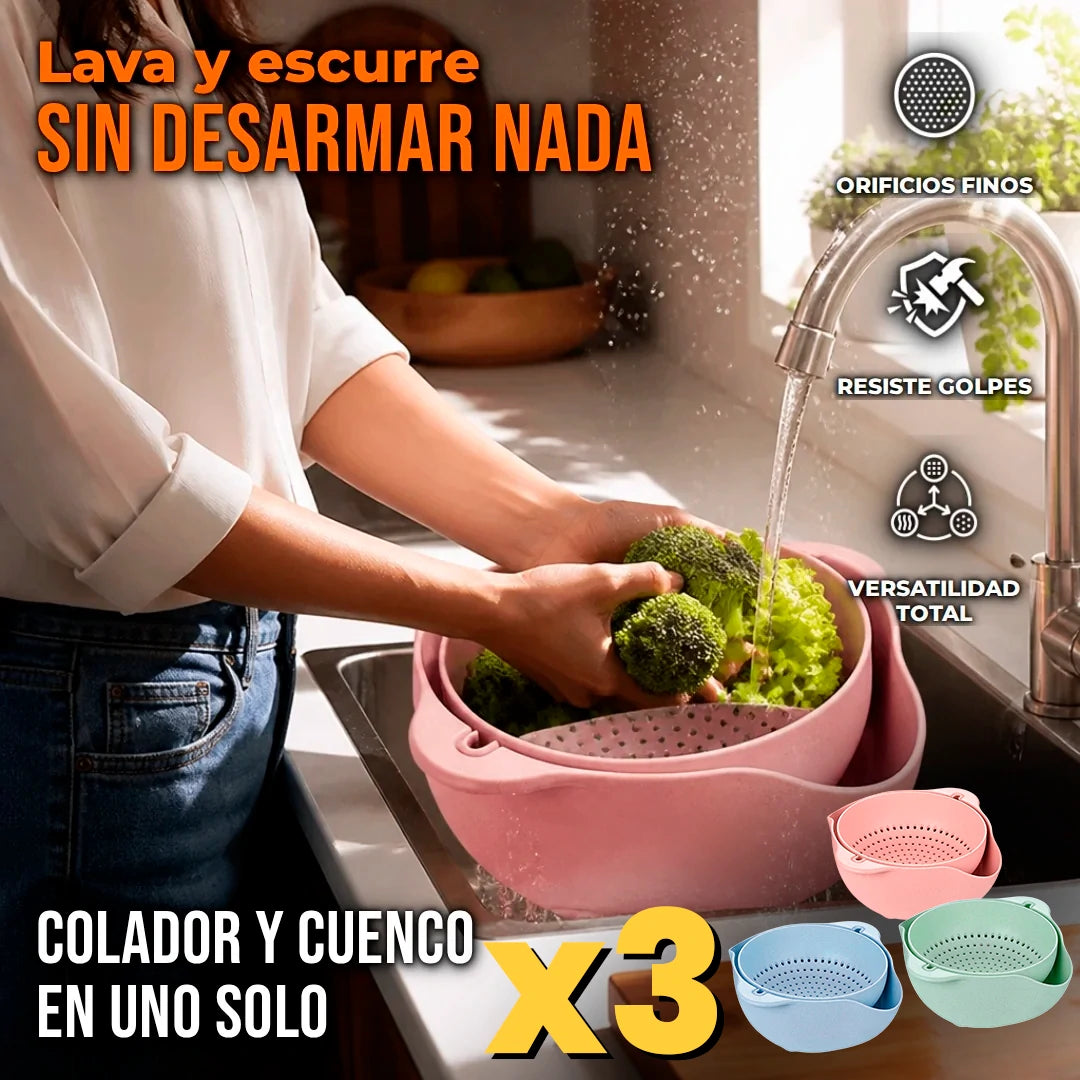 Pack X3 Escurridor 2 en 1 Giratorio De Cocina Para Frutas Y Verduras