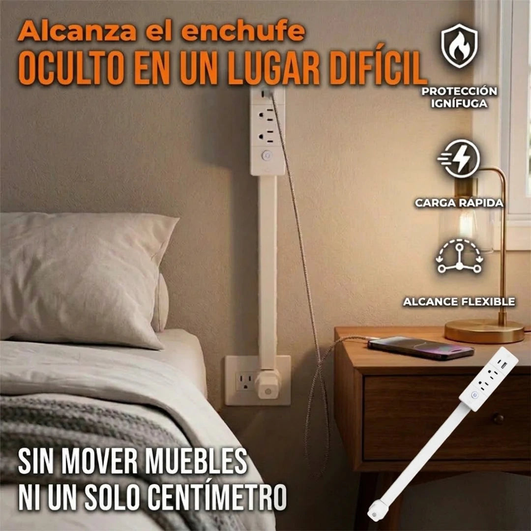 Extensor de Enchufe Giratorio 180° Con Brazo Retráctil CA y Puertos USB-A/USB-C