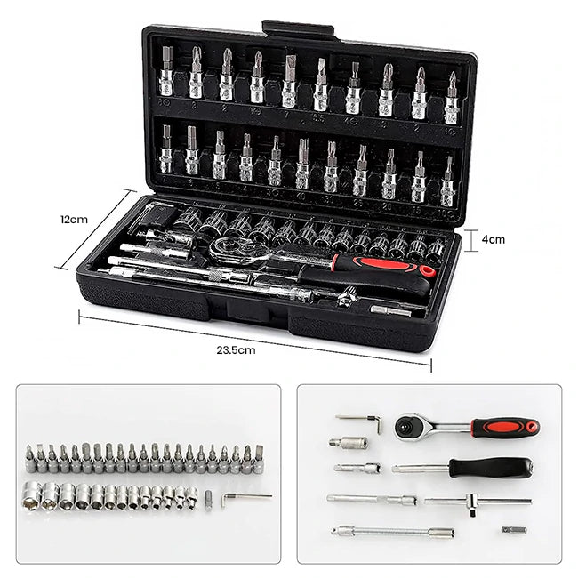 Kit 46 Piezas Llave Trinquete Ratchet  1/4” + Copas y Puntas