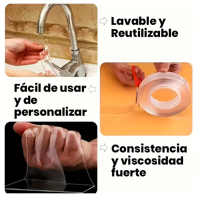 Cinta Adhesiva Transparente Doble Cara Lavable X3