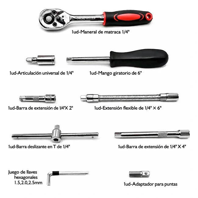 Kit 46 Piezas Llave Trinquete Ratchet  1/4” + Copas y Puntas