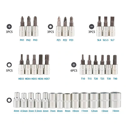 Set 46 En 1 Llave Trinquete De ¼ Para Auto y Hogar
