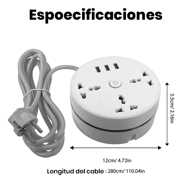 Caja Redonda de Enchufes Universal con Cable Retráctil