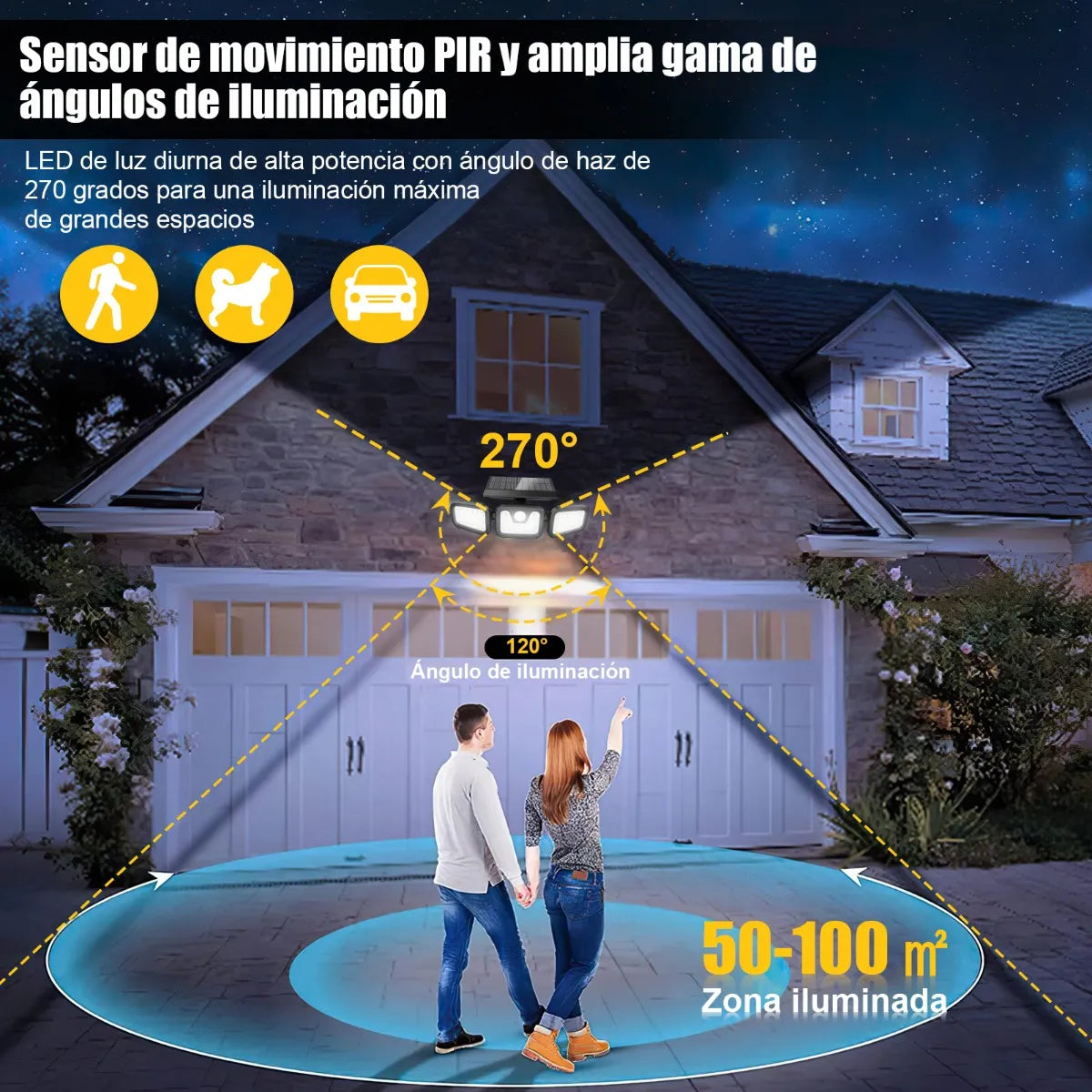 Lámpara Solar Exterior 3 Cabezales Ajustables 70 Leds IP65