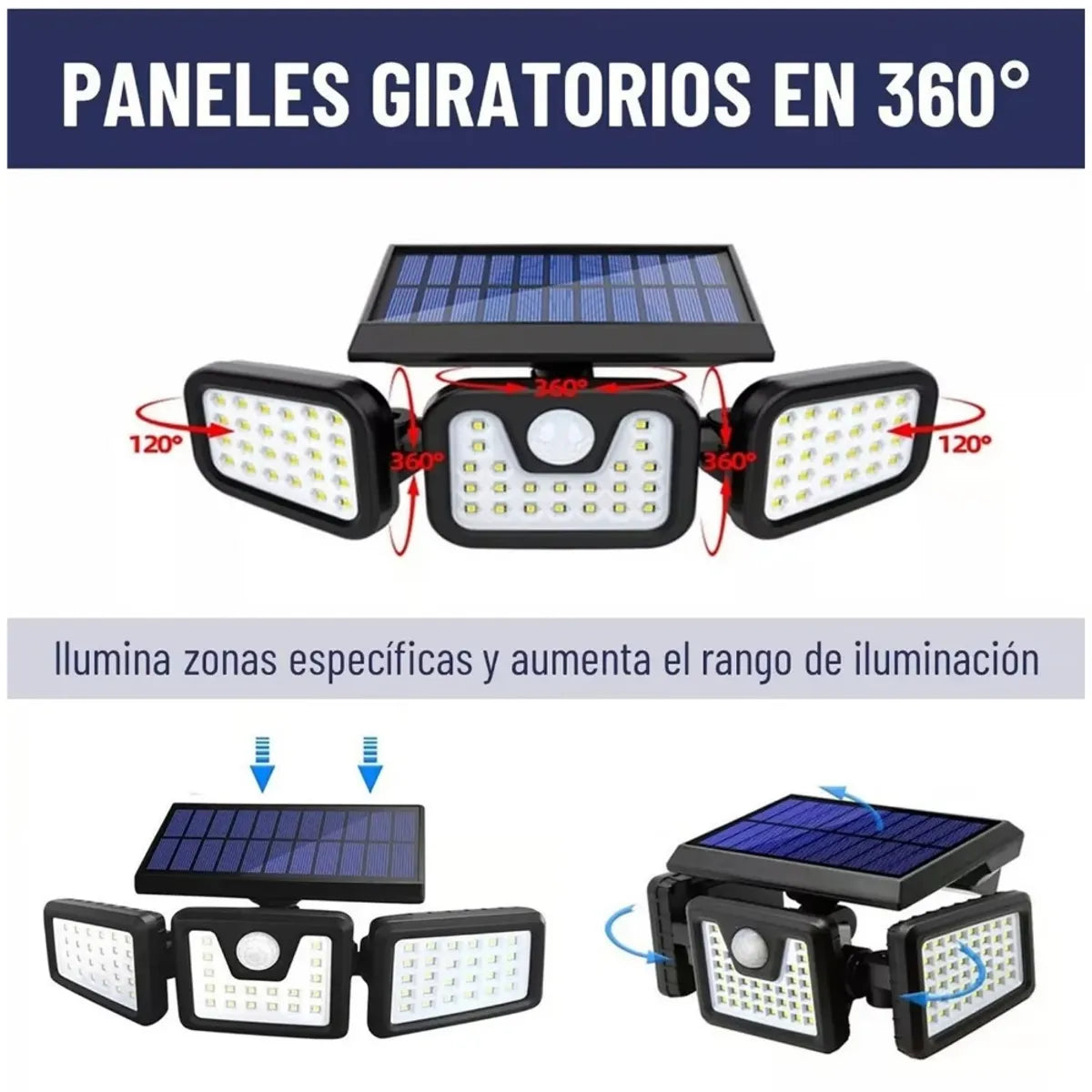Lámpara Solar Exterior 3 Cabezales Ajustables 70 Leds IP65