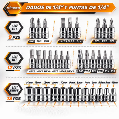Kit 46 Piezas Llave Trinquete Ratchet  1/4” + Copas y Puntas