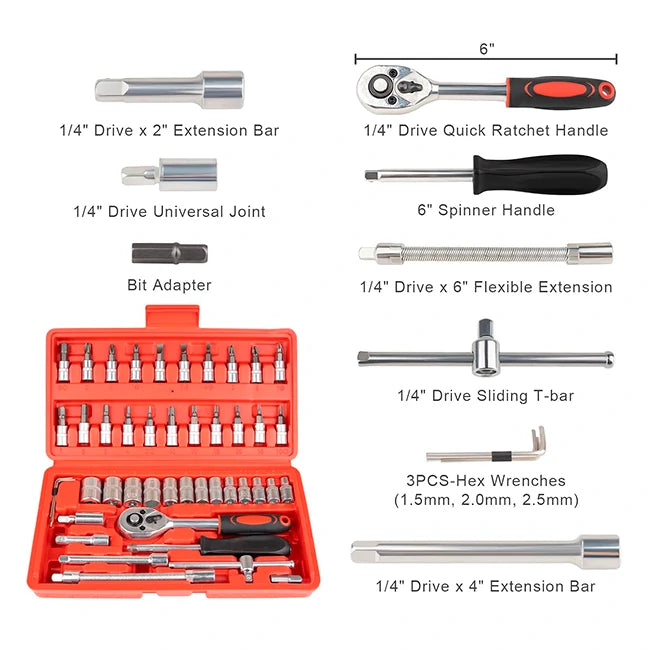 Set 46 En 1 Llave Trinquete De ¼ Para Auto y Hogar