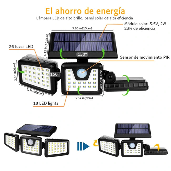 Lámpara Solar Exterior 3 Cabezales Ajustables 70 Leds IP65