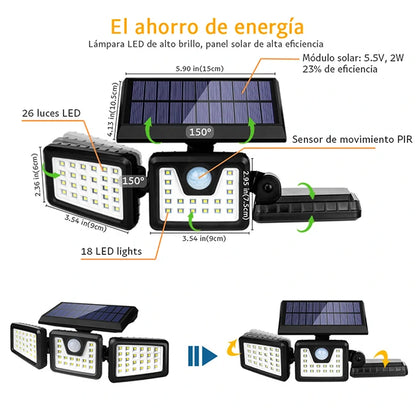 Lámpara Solar Exterior 3 Cabezales Ajustables 70 Leds IP65