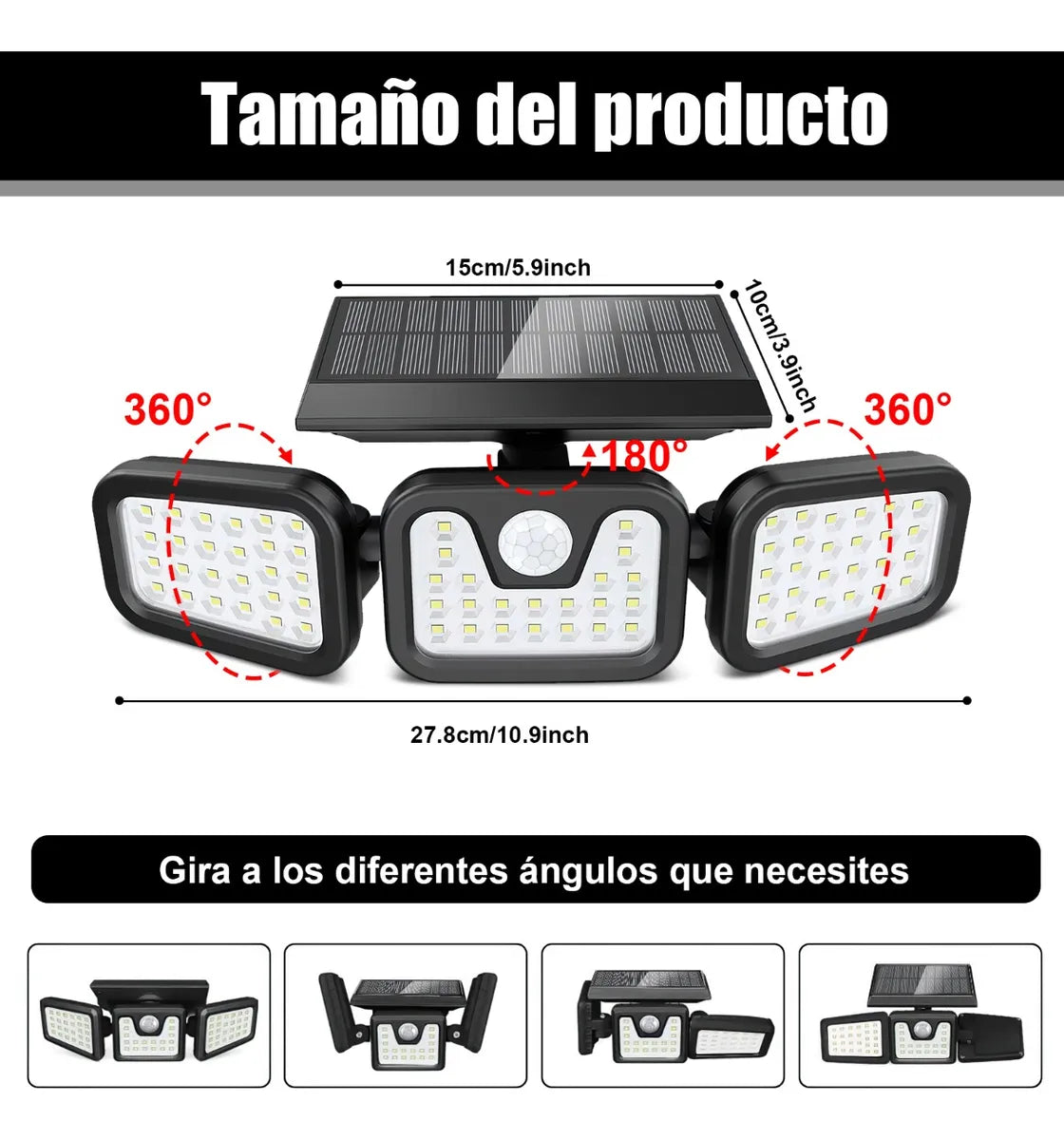 Lámpara Solar Exterior 3 Cabezales Ajustables 70 Leds IP65