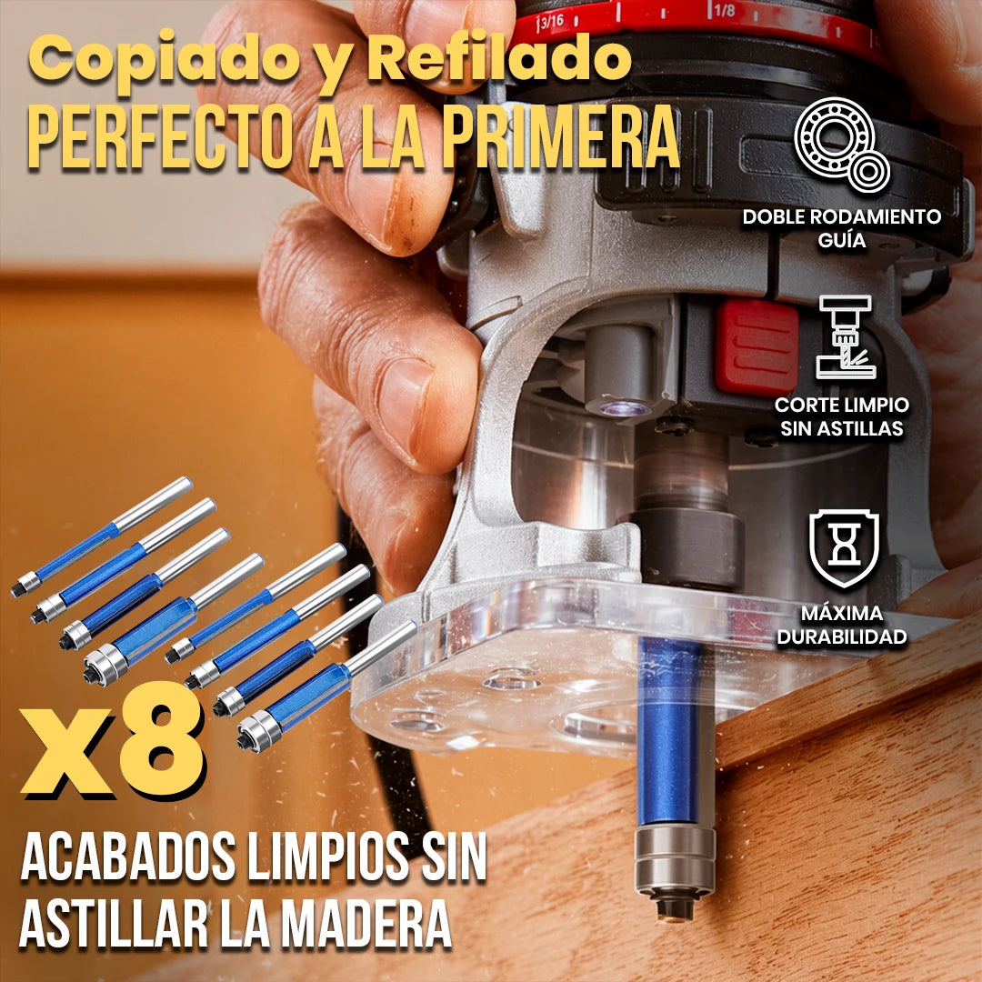 Kit Profesional 8 Piezas Fresas de Corte al Ras con Doble Rodamiento Para Fresadora / Router