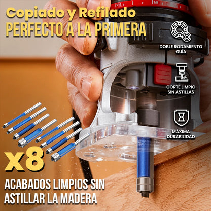 Kit Profesional 8 Piezas Fresas de Corte al Ras con Doble Rodamiento Para Fresadora / Router