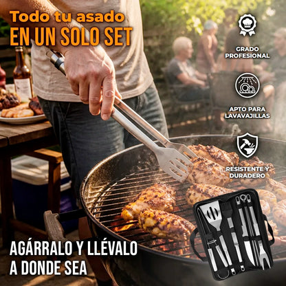 Kit Profesional de Utensilios Para Asado A La Parrilla Acero Inoxidable con Estuche