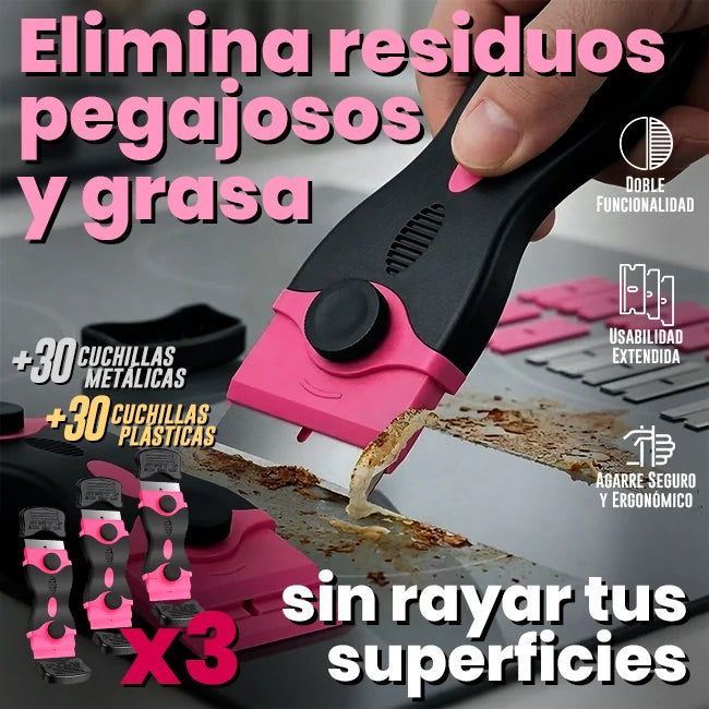 Kit x3 Raspadores 2 En 1 Anti-Rayones Limpieza Superficies +60 Cuchillas