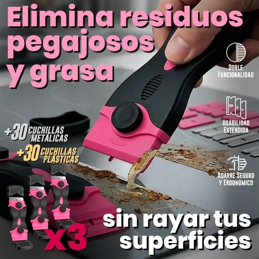 Kit x3 Raspadores 2 En 1 Anti-Rayones Limpieza Superficies +60 Cuchillas