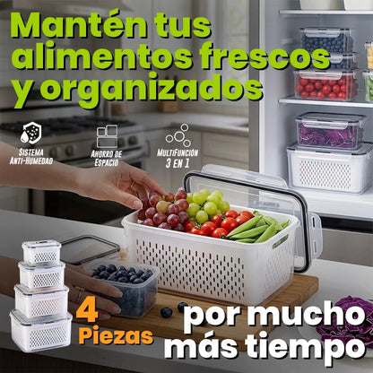 Set 4 Contenedores Con Colador Interior Removible Para Refrigerador