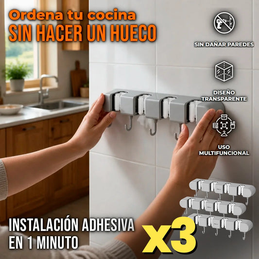 Kit x3 Soporte Adhesivo De Pared Para Trapeador Y Escoba Con Ganchos