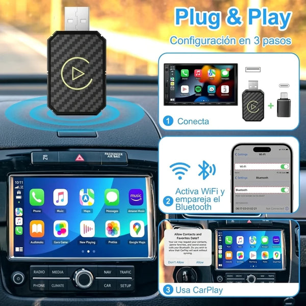 Adaptador Inalámbrico CarPlay + Android Auto 2 en 1 Con Conexión Automática Plug & Play