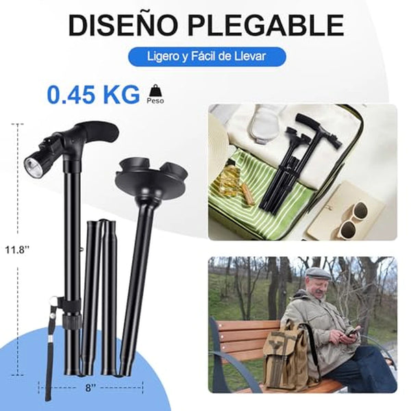 Bastón Plegable Estabilidad Total con Luz LED – Base Giratoria 360°