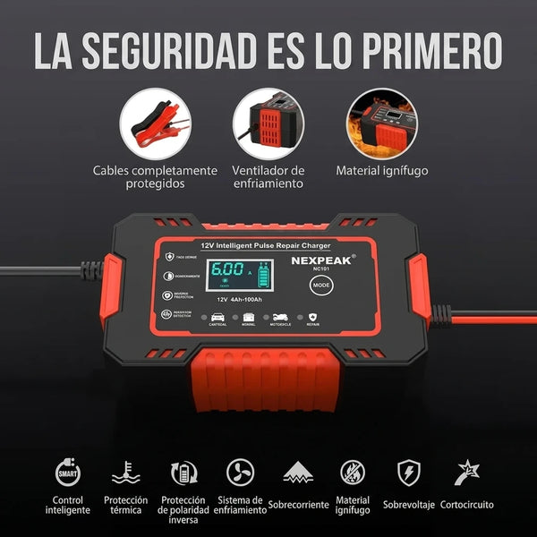 Cargador Inteligente 12V 6A Con Mantenedor Automático y Reparador Por Pulsos NEXPEAK